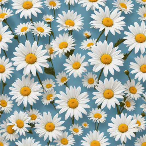 Create a seamless pattern featuring a light blue background filled with white daisies. Each daisy should have a bright yellow center and a simple, clean design. The flowers should be evenly spaced, creating a harmonious and cheerful floral pattern.