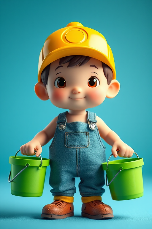 Generate an image of a cartoon character wearing a bright yellow cap and overalls, holding two green buckets, with a focus on vibrant colors and smooth textures, captured with a DSLR camera at f/2.8 aperture, 50mm lens, and a shallow depth of field for a more dynamic look.