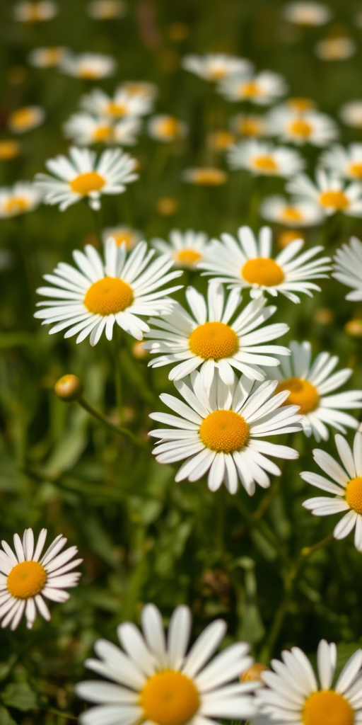 Capture a close-up of white daisies with yellow centers in a sunny field, using a DSLR camera with a 50mm lens at f/2.8, 1/200s shutter speed, ISO 100, natural light, shallow depth of field to blur the background for enhanced detail and color vibrancy.