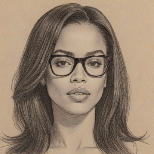Appealing Aaliyah Haughton, pencil sketch, portrait of Resplendent woman 1975s in glasses, hair style beatnik, outline, clear lines, fine lines, 8k