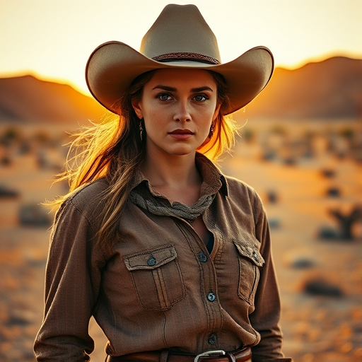 Dramatic photo of a beautiful Western American woman, classic cowboy attire, confident and free spirit expression, half-length portrait, centered, golden hour desert landscape, warm, diffused light, low angle, medium format film camera, in style of Annie Leibovitz.