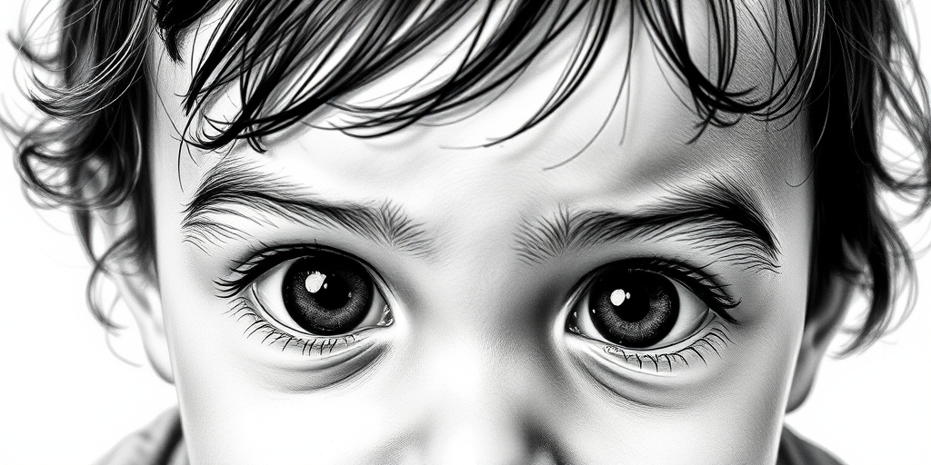 A hyperdetailed photorealistic black and white sketch of a beautiful toddler with deep black eyes, with a macro focus