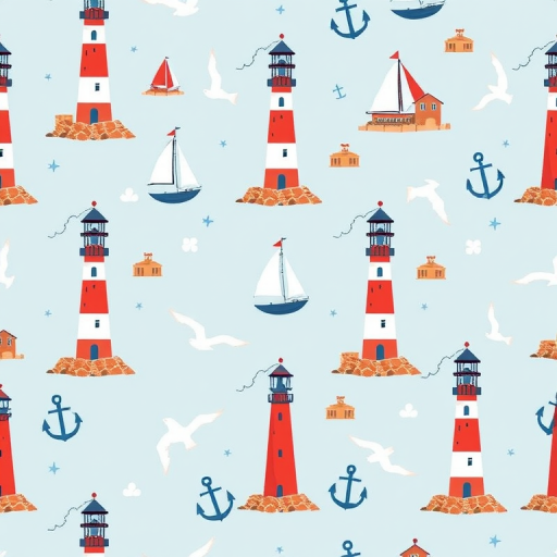Create a seamless nautical pattern featuring red lighthouses, white sailboats, blue anchors, and seagulls on a light blue background, captured with a DSLR camera at f/8 aperture, ISO 200, 50mm lens, top-down view for sharp detail and vibrant colors.