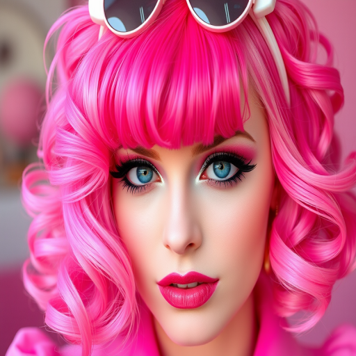 Whimsical close-up reveals Bubblegum Pop bob, vibrant hot pink hair with lighter pastel pink highlights, styled in voluminous retro-inspired curls with candy-shaped accessories