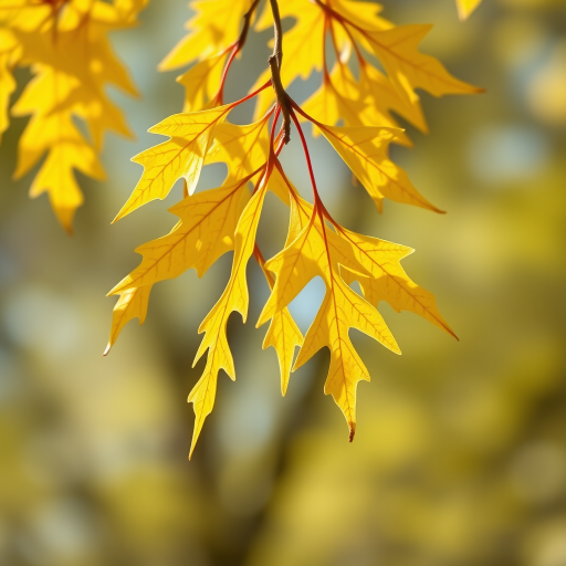 Capture a close-up of vibrant yellow ginkgo leaves hanging from a branch, using a Canon EOS R5, 85mm f/1.2 lens, aperture set to f/2.8 for a soft background blur, shooting at ISO 100 in natural sunlight to enhance the color saturation and detail.