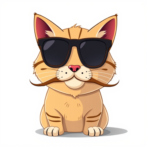 Create a vector illustration of a cartoon cat wearing oversized sunglasses and a playful mustache, high resolution, 300 DPI, flat design style, 50mm lens, soft lighting, studio shot.