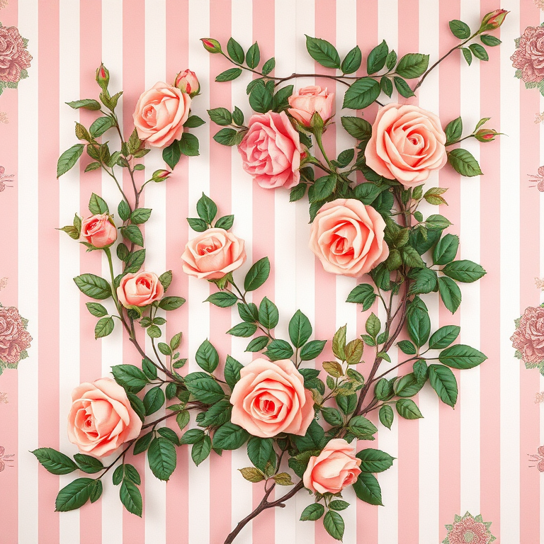 Create a vintage floral wallpaper scene featuring lush roses and greenery framed by soft pink striped background, using a DSLR camera at f/2.8 aperture, ISO 100, 50mm lens, with a shallow depth of field for enhanced detail and texture.
