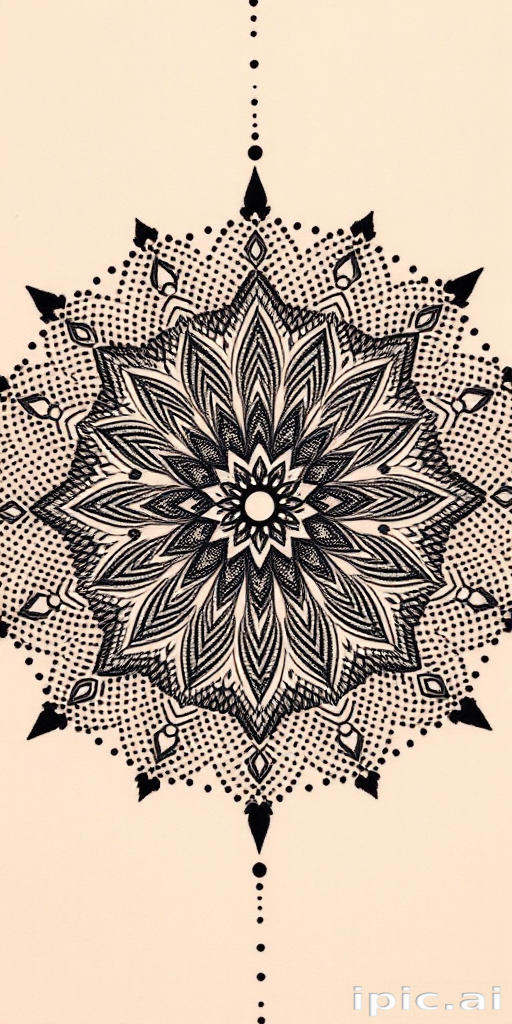 Dotwork mandala tattoo named "Cosmic Harmony" featuring an intricately detailed circular design composed of thousands of tiny dots radiating outward from a central point creating mesmerizing patterns and sacred geometry motifs with gradual fading effects and negative space incorporated to enhance the overall depth and dimension of the piece