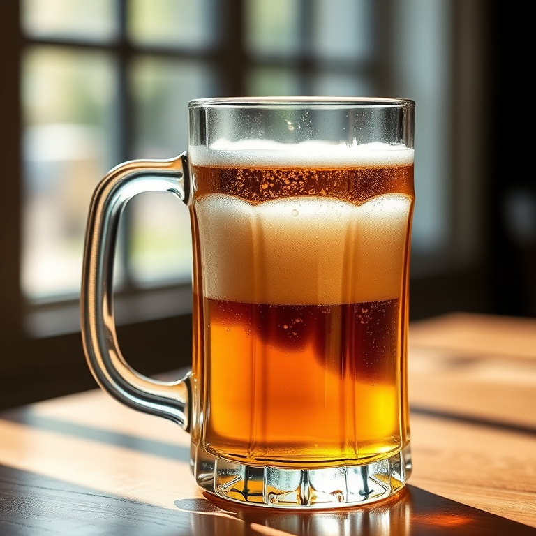 Create a high-resolution image of a clear glass mug filled with golden beer, using a DSLR camera set to f/2.8 aperture, 50mm lens, ISO 100, with a 45-degree angle view and soft natural lighting to enhance the details and reflections.