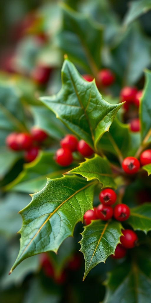Create an image of holly leaves with red berries, shot with a DSLR camera at f/4 aperture, ISO 200, 50mm lens, natural lighting, macro perspective for detail enhancement.