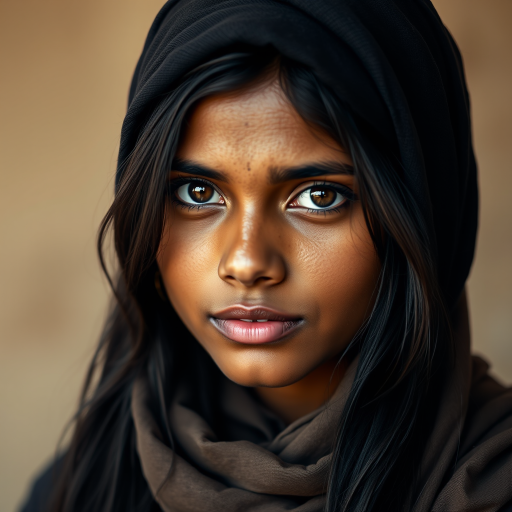 Create a portrait of a young Sri Lankan woman with long, dark hair and captivating hazel eyes. She is wearing a dark headscarf and a matching scarf draped gracefully around her neck. The background is softly blurred, focusing attention on her serene and natural expression. The overall color palette is muted and warm, enhancing the intimate and authentic feel of the portrait.