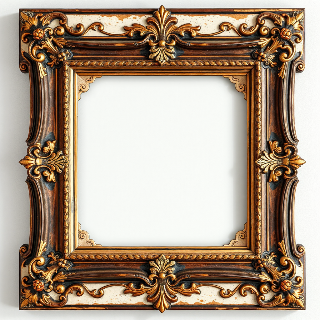 Regenerate a vintage decorative frame with ornate patterns, floral elements, and swirls, shot with a Canon EOS R5, 50mm lens, f/2.8 aperture, ISO 100, in soft natural light for enhanced clarity and detail.