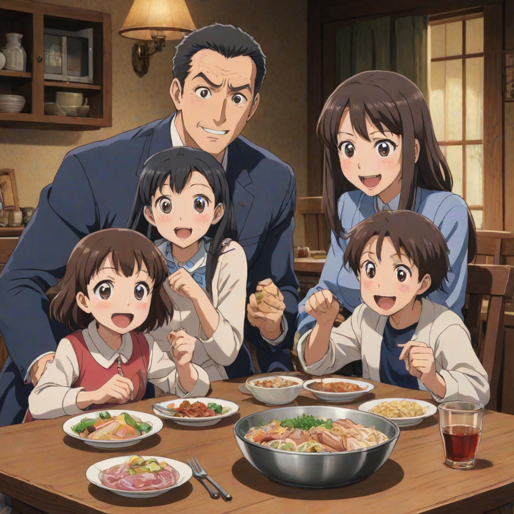 isekai anime style poster depicting a happy Family of four, a surprised dad sitting at a table with his wife and two kids eating something; the movie title clearly reads "OH NO! I HAVE BECOME A FAMILY MAN WITH A DOTING WIFE AND LOVABLE KIDS!", written in clear and exact letters
