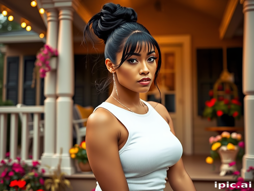 A photo of Nicki Minaj with a background of a cozy porch. She has dark hair pulled back in an updo, with tendrils framing her face. She wears a white tank top and sits on the porch. The porch is part of a well-lit home with a warm, earthy tone and colorful flowers and foliage. The overall scene has a warm, welcoming, and comfortable ambiance.