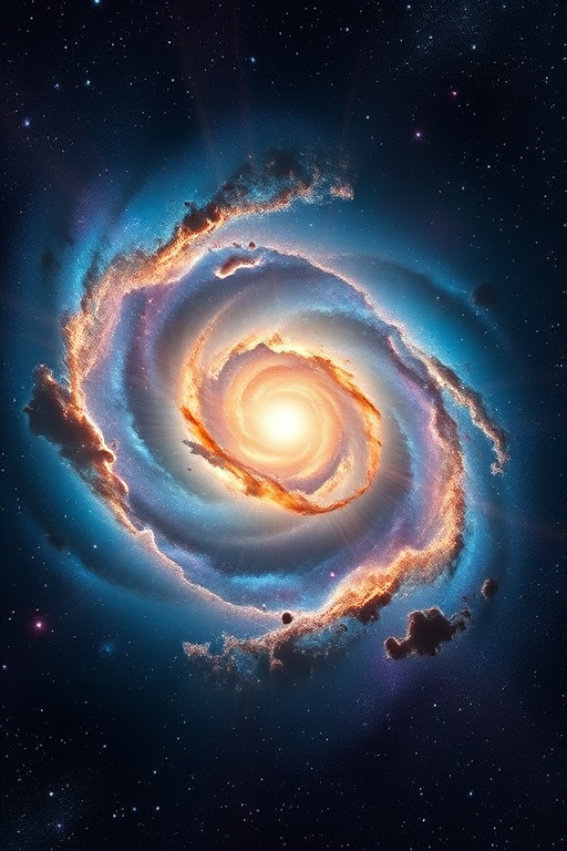 Regenerate a swirling galaxy with vibrant colors, cosmic dust, and light rays streaming outward, captured from a wide-angle view, using a DSLR camera at f/2.8, ISO 400, and a 24mm lens to enhance depth and clarity.