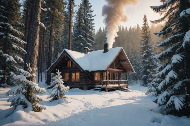 Cozy winter cabin nestled in a snowy forest, smoke drifting lazily from the chimney, surrounded by tall pine trees dusted with snowflakes.