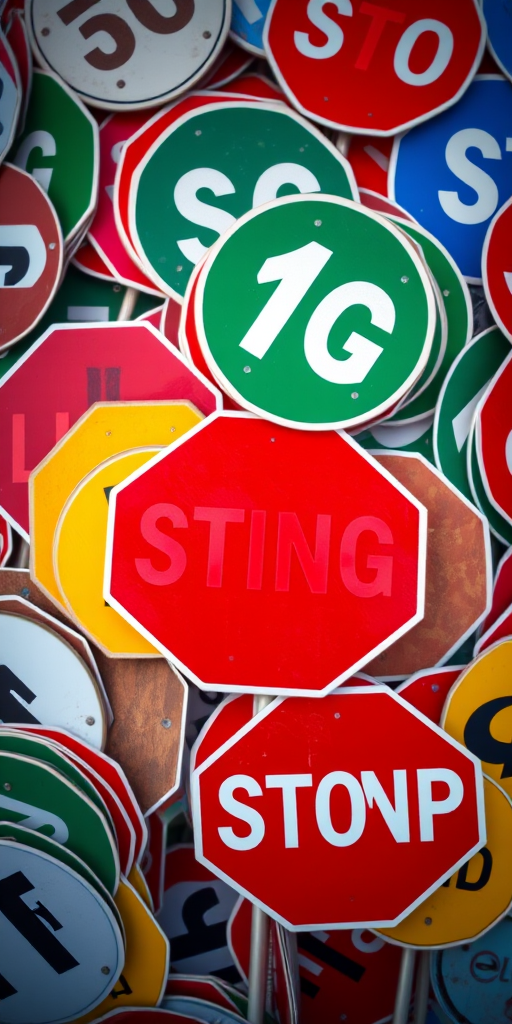 Create a high-resolution image of a pile of stop signs with the word "LYING" prominently displayed in red among various colored signs, shot with a DSLR camera at f/2.8 aperture, 50mm lens, ISO 100, natural lighting, overhead view.