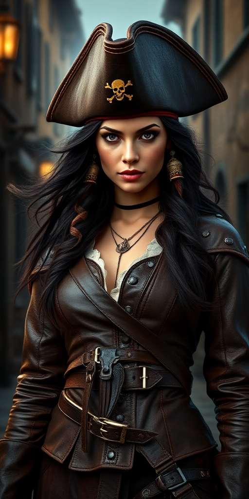 Create a portrait of a fierce female pirate. She wears a leather tricorn hat adorned with a skull and crossbones emblem, and her long, dark hair flows around her face. Her outfit consists of a richly detailed leather jacket, a corset, and multiple layers of belts and accessories, giving her a formidable and stylish appearance. She stands confidently in a dimly lit, historic port town, with a backdrop of weathered buildings and cobblestone streets, capturing the adventurous spirit of a pirate.