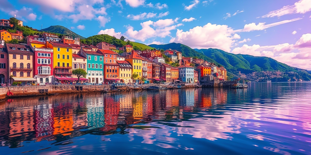 create a vibrant digital illustration of a colorful coastal town with reflected buildings on a still water surface, include rolling green hills in the background, use a drone view, enhance with high resolution settings, focus on vibrant color saturation, and employ a soft-focused lens effect for a dreamy atmosphere