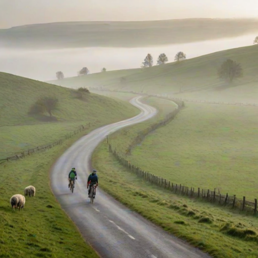Lone cyclist riding through a misty countryside, the road winding through green hills, with sheep grazing in nearby fields and early morning fog lingering in the air.
