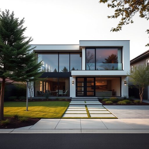 create an image of a modern two-story house with large windows, a sleek design, and a landscaped front yard, shot with a Canon EOS 5D Mark IV at f/8, ISO 100, 24mm lens, with natural lighting and a wide-angle view to capture the entire facade