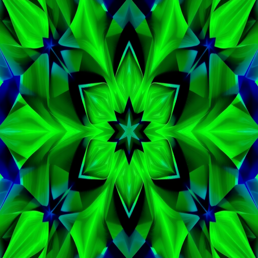 Create a high-resolution abstract geometric pattern with vibrant shades of green and blue, using a Canon EOS R5 with a 35mm f/1.4 lens, aperture f/8, ISO 100, and a shot from a slightly elevated angle to enhance depth and clarity.