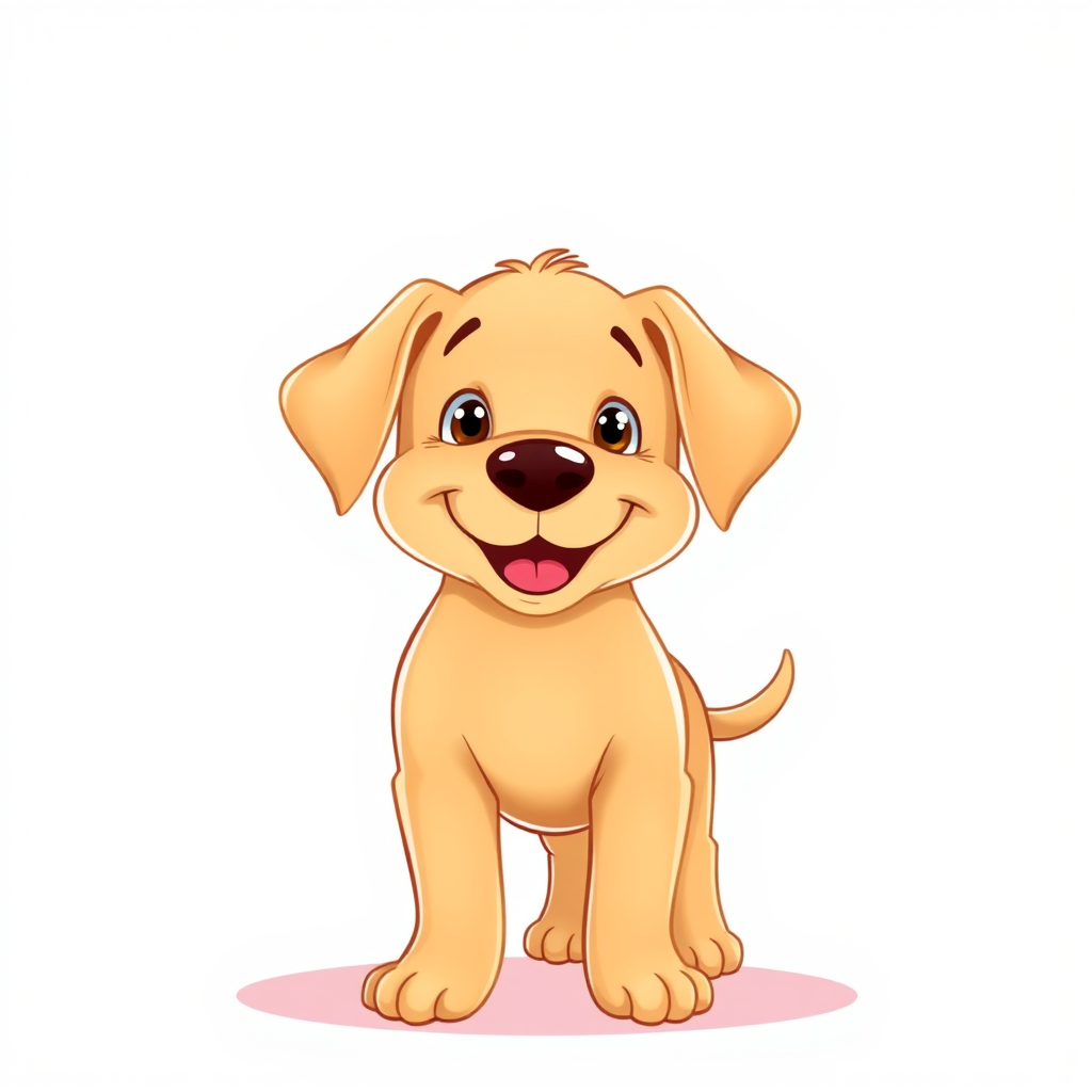 Create a cartoon-style illustration of a happy, light brown puppy standing on a white background, with a soft shadow beneath it, using a digital art style, 300 DPI resolution, front view, with soft lighting effects.