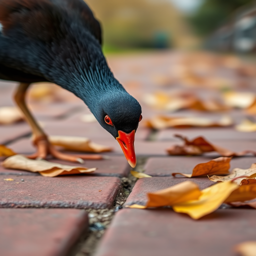 Capture a close-up of a moorhen foraging on a brick path covered with autumn leaves, shallow depth of field, natural light, ISO 200, f/4, 1/250s, DSLR camera with a 50mm lens.