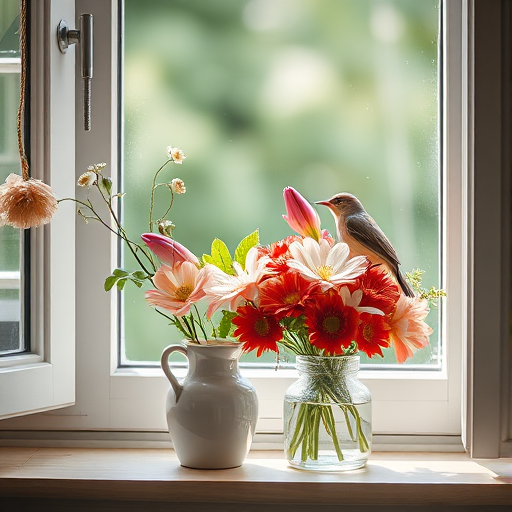 A still life composition featuring a vase of flowers and a small bird perched on a window ledge, captured with a Canon EOS R5 at f/2.8, 50mm lens, ISO 100, natural light, shallow depth of field, soft focus background.