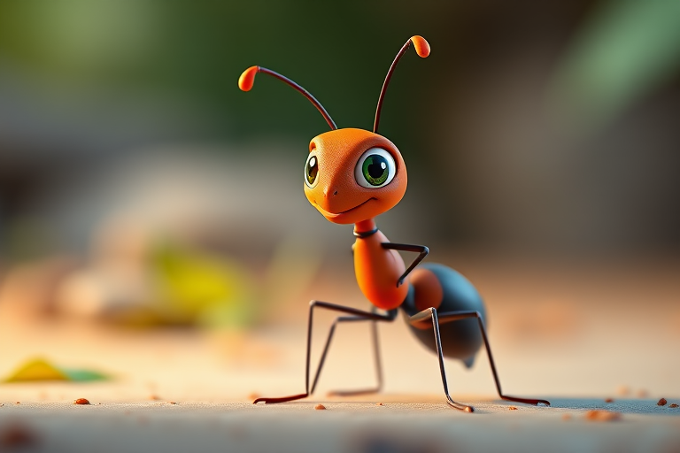 Create a vibrant 3D render of a cartoon ant standing confidently with a slight tilt, using a Canon EOS 5D Mark IV at 85mm, f/1.8 aperture, ISO 100, with soft diffused lighting and a shallow depth of field for emphasis on the character.