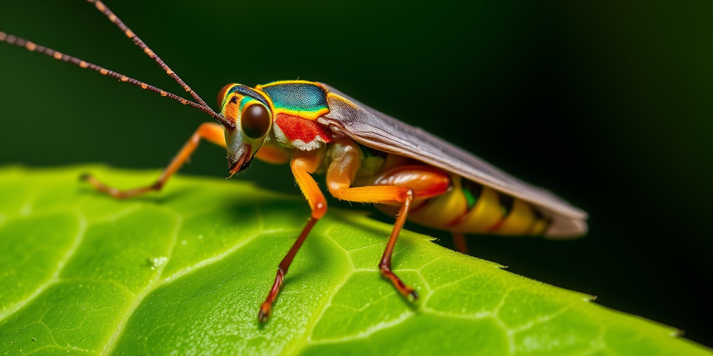 High-resolution close-up of a colorful cricket perched on a vibrant green leaf, macro lens, f/2.8 aperture, 50mm focal length, natural light, ISO 100.