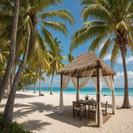 Create a picturesque tropical beach scene featuring a serene, white sandy shore. In the foreground, there's a rustic wooden canopy with white drapes gently flowing in the breeze. Underneath the canopy, a table is set with tropical decor, evoking a sense of relaxation and leisure. The beach extends into a calm, shallow water area with reflections of the sky and surroundings. Palm trees and lush greenery line the edge of the beach, providing a natural, tropical backdrop. The sky is clear with a few scattered clouds, and the overall atmosphere is tranquil and inviting, perfect for a peaceful retreat.