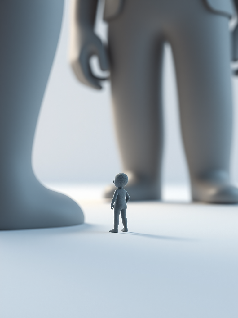 A tiny gray figure looking up at a large gray figure, soft lighting, shallow depth of field, 50mm lens, f/2.8 aperture, ISO 100, shot from a low angle, stylized minimalist rendering in 3D.
