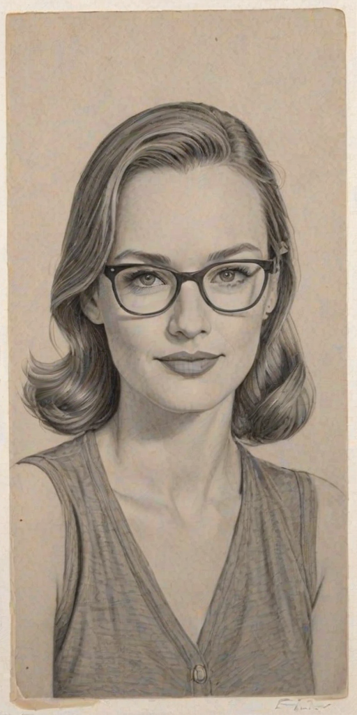 Charming Erinn Hayes, pencil sketch, portrait of Lovely woman 1944s in glasses, hair style beatnik, outline, clear lines, fine lines, 8k