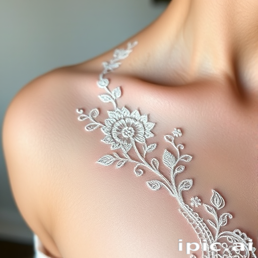 Ethereal white ink tattoo showcasing delicate lace patterns and intricate floral designs, visible as a subtle raised texture on the skin for a elegant and understated look