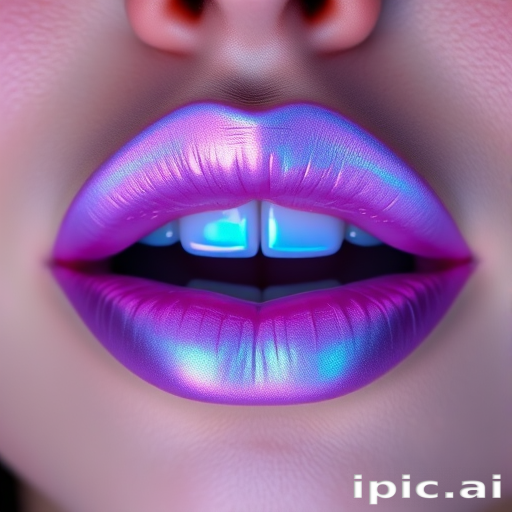 Holographic iridescent lips shifting from lavender to blue, named "Cosmic Kiss," showcase a futuristic sheen and plump appearance for an otherworldly effect