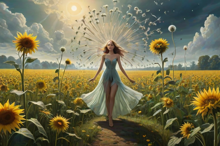 A surreal allegory featuring ethereal fairies, towering sunflowers, and an enigmatic witch, all set within a dreamlike landscape. The scene is dominated by a colossal dandelion, its delicate seeds floating through the air, reminiscent of Yves Tanguy's abstract forms. The environment is a blend of otherworldly elements and natural beauty, with twisted, elongated shapes and surreal colors that evoke a sense of mystery and enchantment.