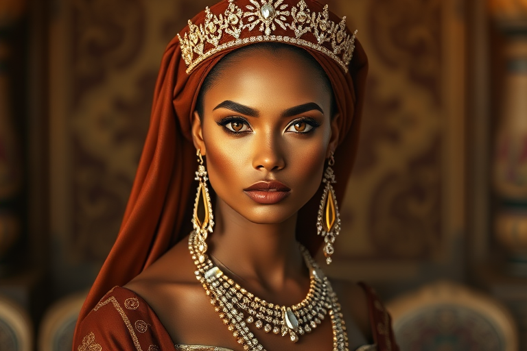 A gorgeous Tuareg woman in a luxurious brown gown, accessorized with a dazzling tiara and statement earrings, her deep orange eyes highlighted by impeccable makeup, poised in a royal setting, photorealistic, 8K quality