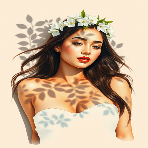 create a watercolor painting of an ethereal portrait of beautiful Hispanic woman with a simple white flower crown on her head. Her hair is long and she is lying on the ground. The sunlight on the trees casts shadows from the leaves on her face and body. The background is a neutral brown color that matches her skin tone. The image is minimalist and solid colors. This style is characterized by soft, delicate brushstrokes and a light, airy, contrasting color palette. High level of detail and play of light