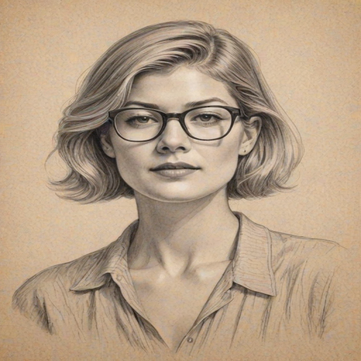 Fetching Rosamund Pike, pencil sketch, portrait of Sublime woman 1930s in glasses, hair style beatnik, outline, clear lines, fine lines, 8k