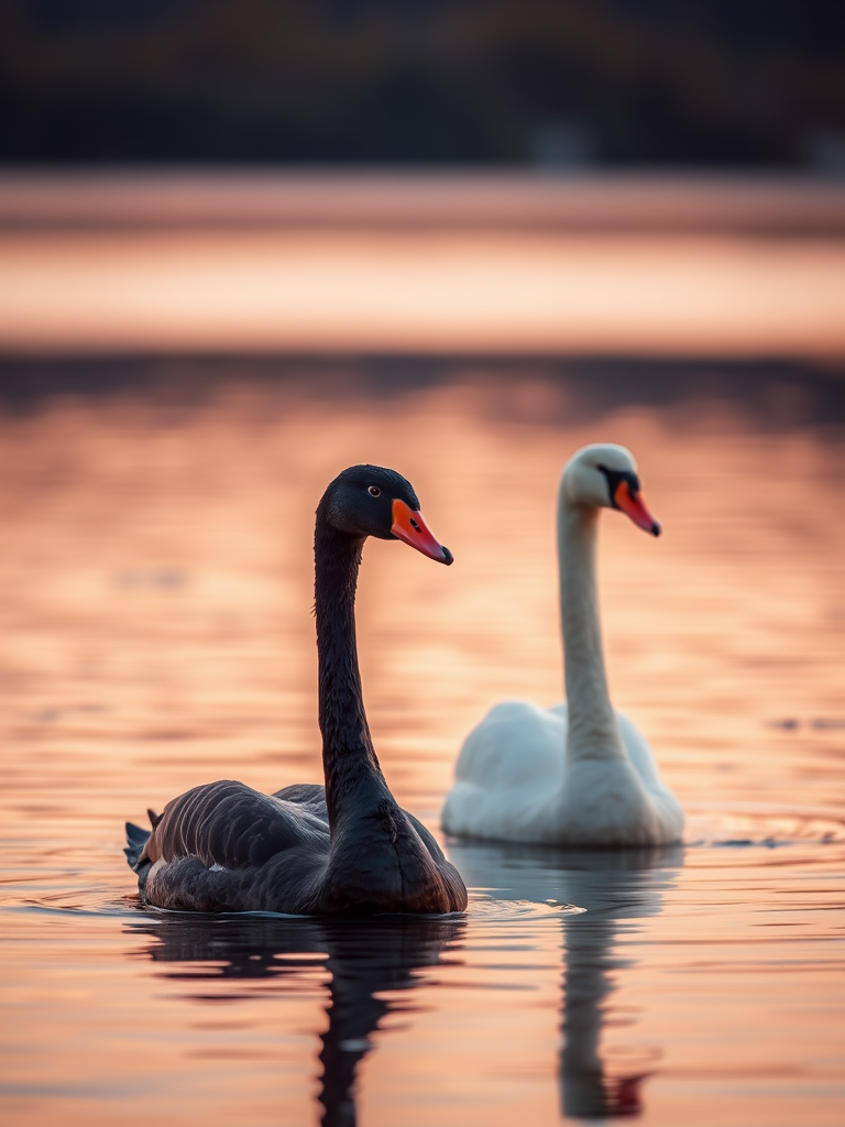 photograph of a black swan and a white swan on a still lake at sunset, soft focus, warm colors, aperture f/2.8, shutter speed 1/500s, ISO 100, taken with a DSLR camera, 50mm lens, golden hour lighting, shallow depth of field