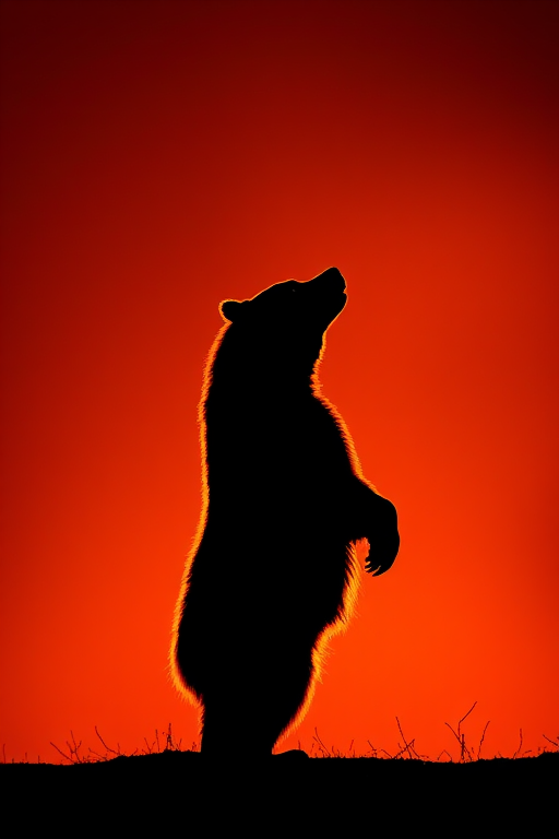 Create a high-contrast silhouette of a bear standing on its hind legs, using a Canon EOS 5D Mark IV with an f/5.6 aperture, ISO 200, 1/250 sec shutter speed, shot in a close-up view with a shallow depth of field to enhance the image quality.