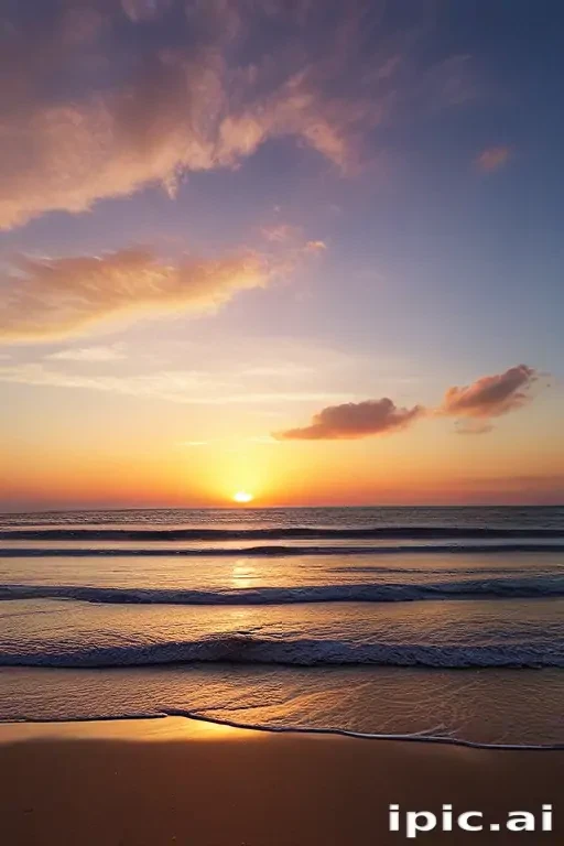 Serene Sunset Over Calm Ocean Waves with Colorful Skies at Dusk