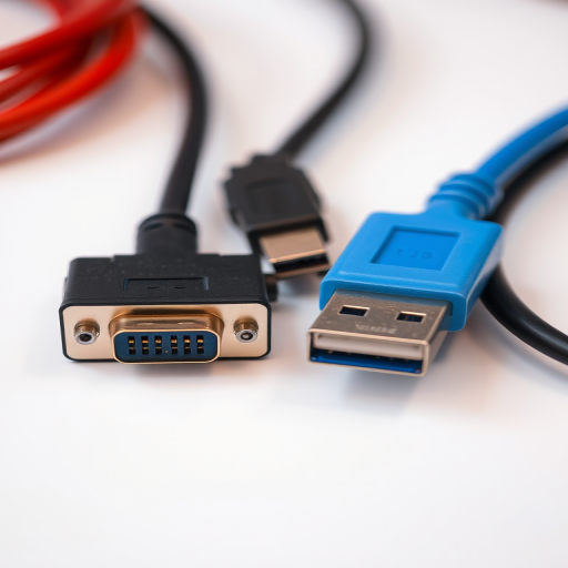 high-resolution image of various types of cables (VGA, USB, and fiber optic) on a plain background, soft lighting, macro lens, f/2.8 aperture, ISO 100, 50mm lens