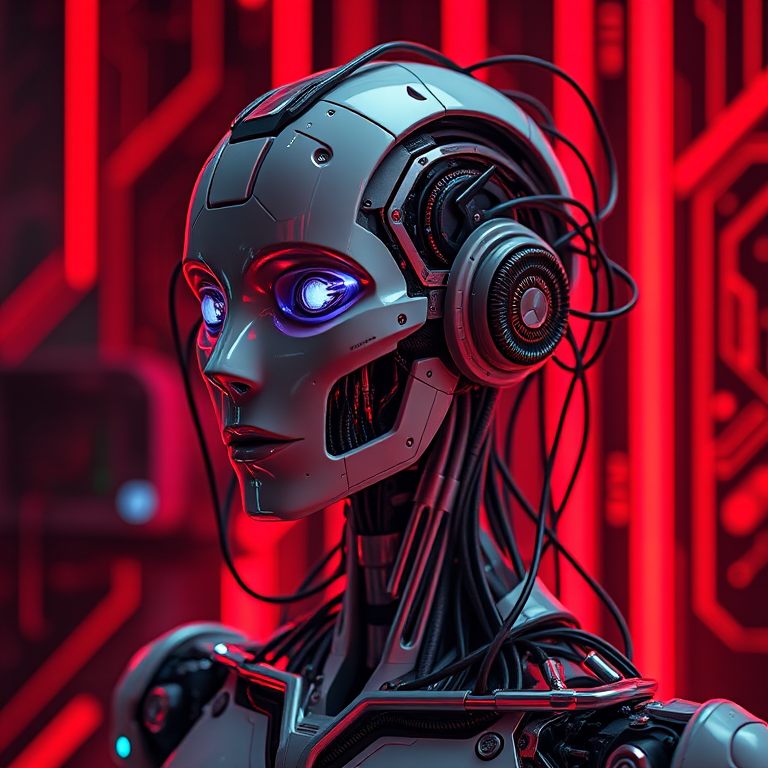 Create a hyper-realistic image of a futuristic humanoid robot with intricate wiring and cybernetic features against a red-lit technological backdrop, shot with a Canon EOS R5 at f/1.4, ISO 100, 50mm lens in soft focus for depth, emphasizing the details of the mechanical components and textures.