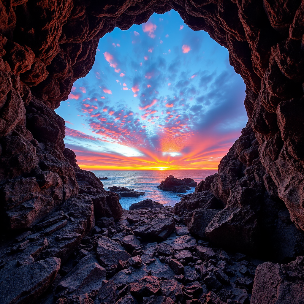 capture a stunning seascape at sunset through a rocky cave entrance with vibrant colors in the sky, use a Canon EOS R5, 24mm lens, f/8 aperture, ISO 100, 1/125s shutter speed, HDR style, wide-angle view to enhance the depth and detail of the scene.