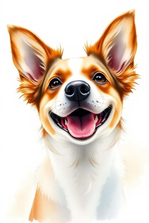 Create a high-resolution watercolor illustration of a happy dog with large ears and a friendly expression, using natural light for a soft, warm effect, shot with a Canon EOS 5D Mark IV, 50mm lens, aperture f/2.8, ISO 100, in portrait mode.