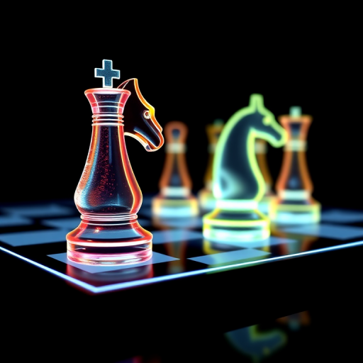 Create a highly detailed 3D render of a glowing neon chess board featuring a transparent king and glowing knight pieces, with a deep black background, using a wide-angle lens at f/1.8, ISO 100, and a resolution of 4K to enhance clarity and color vibrancy.
