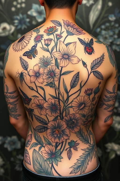 Enchanting botanical tattoo covering the entire back, showcasing a lush garden scene with detailed flowers, leaves, and insects, employing a combination of fine lines and soft coloring for a realistic effect