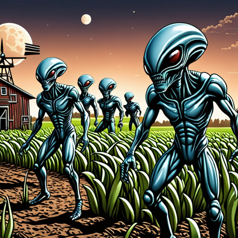 Alien horde, cartoon art style on a farm